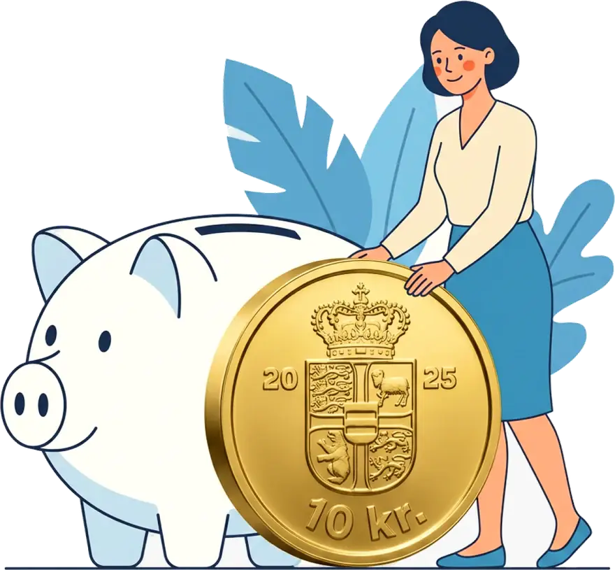 Kvinde med 10-kroner og sparegris